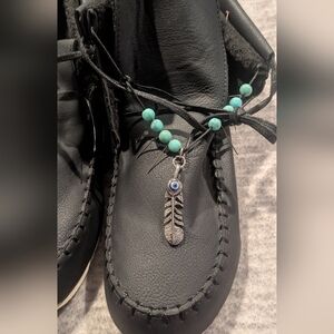 Black Moccasins with Turquoise Beads and Feather Charm